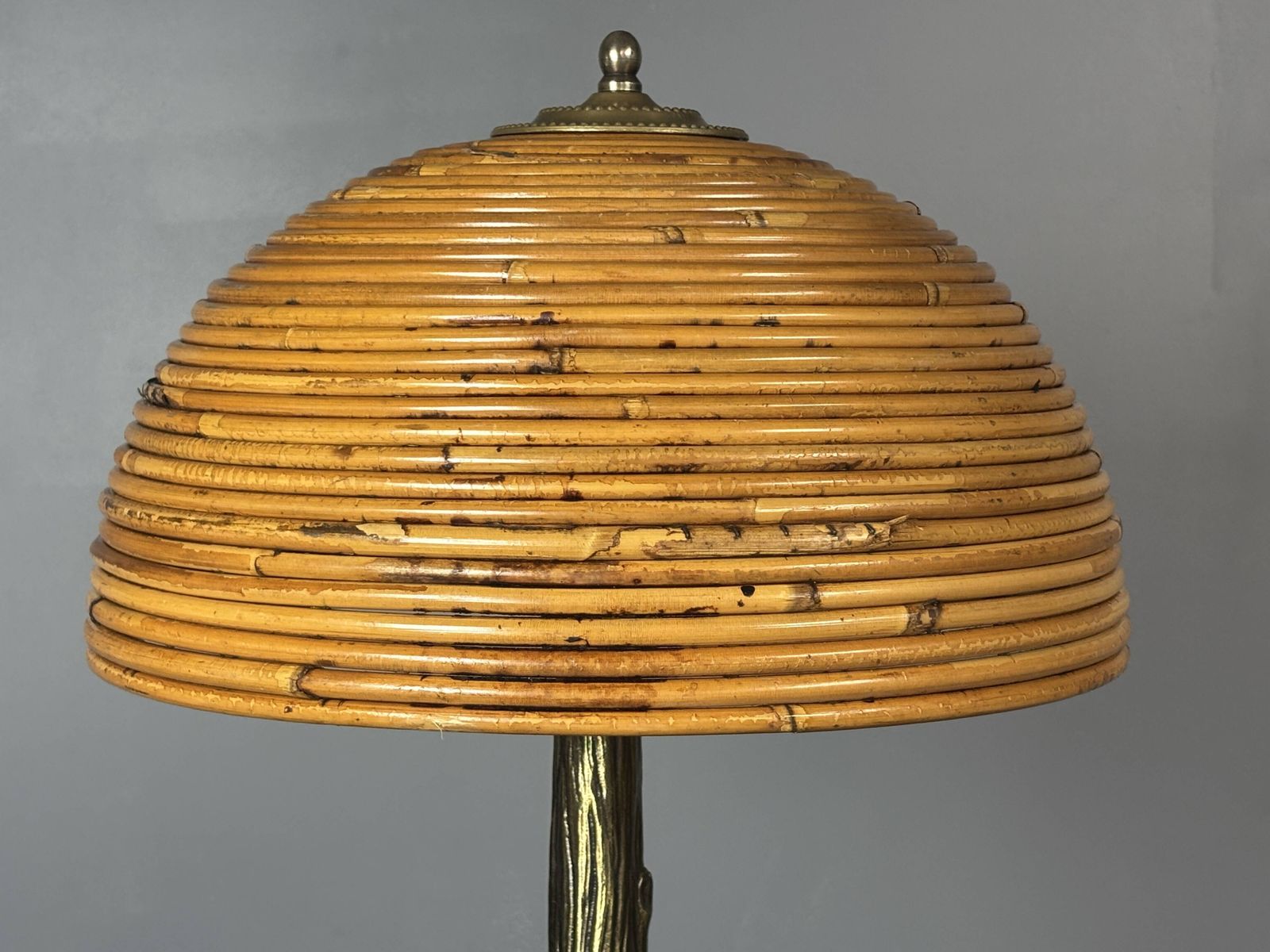 photo for sale Mid Century Pencil Reed Rattan Bamboo And Brass Table Lamp, 1970s