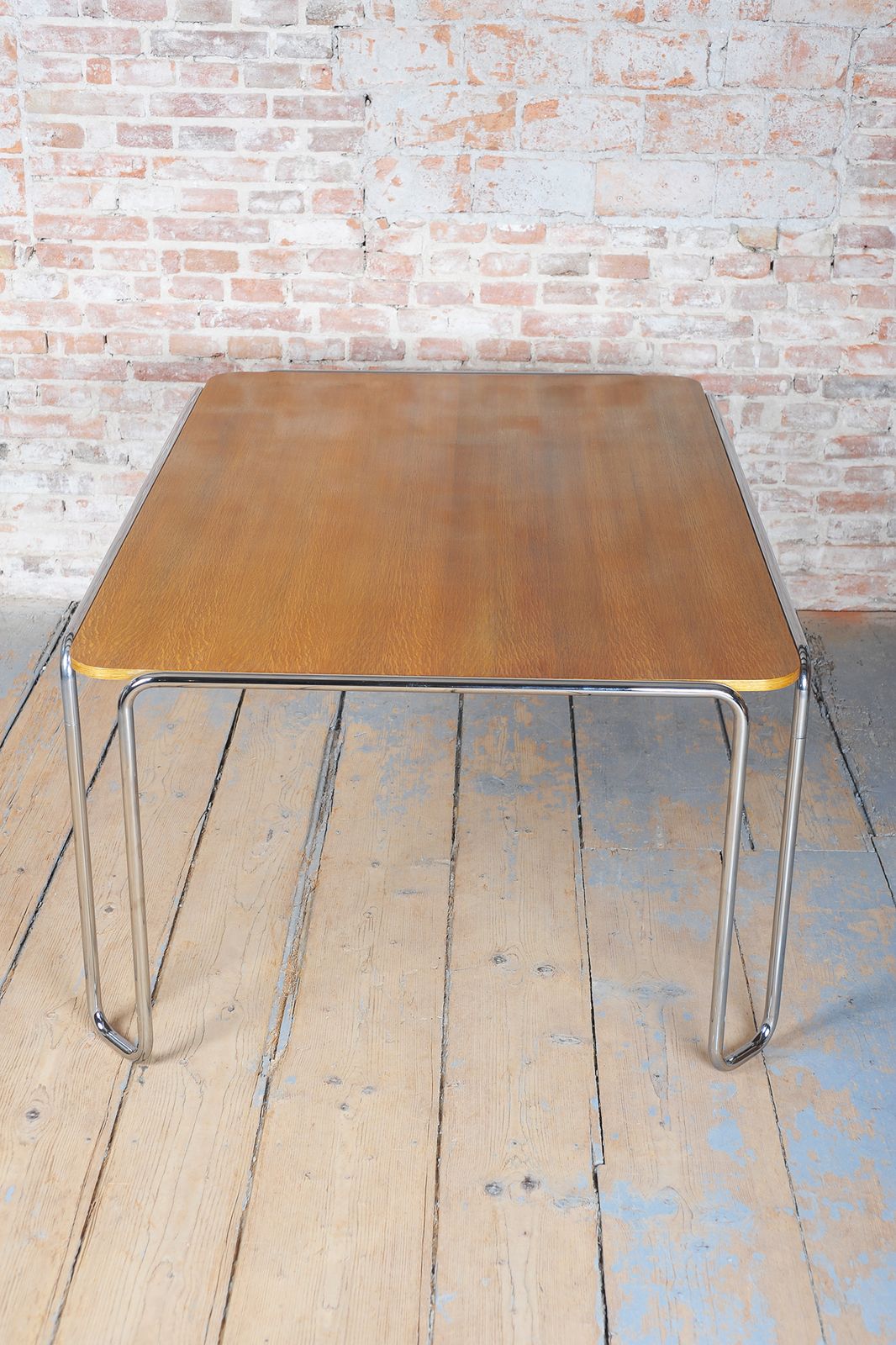 photo buy Restored Bauhaus Dining Table, By R. Slezák, Chrome, Polished Oak, Czech, 1930s