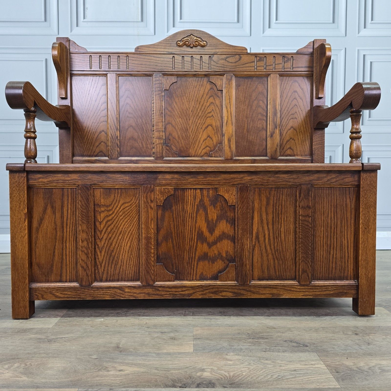 photo vinterior Antique Oak Settle Pew Monks Bench Storage Trunk Box Hall Seat Jacobean Revival