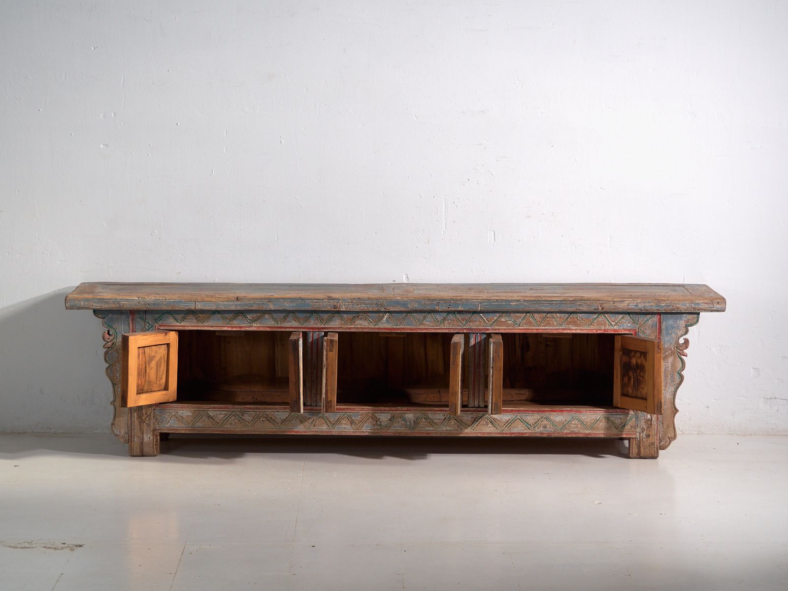 Antique Carved And Polychrome Low Sideboard In Fir Wood – China, Circa 1930 photo vintage
