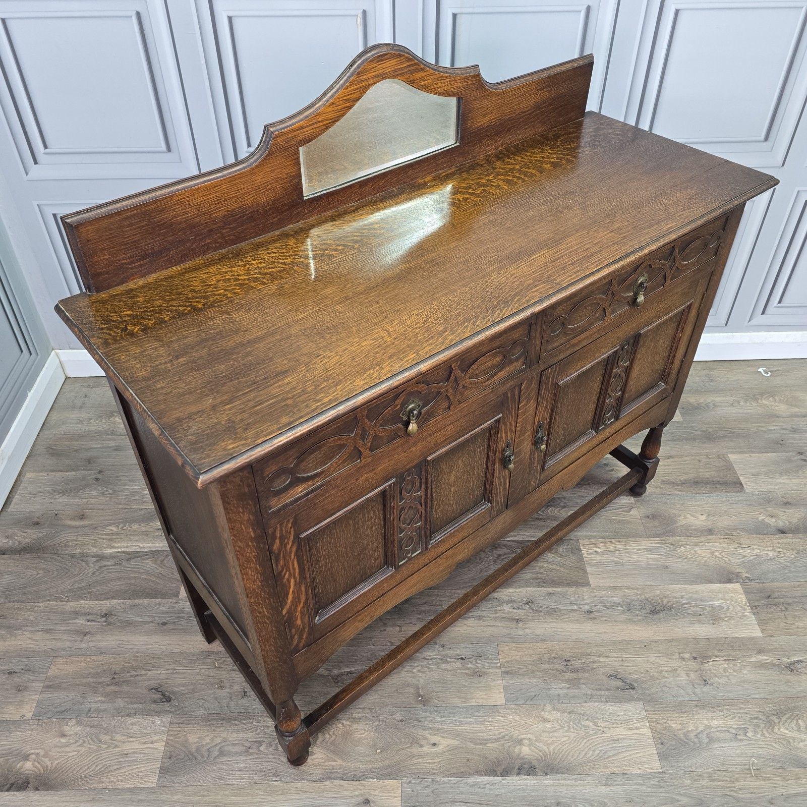 Antique Oak Sideboard Mirror Back Jacobean Revival Buffet Cabinet  Wood Cupboard photo 430.0