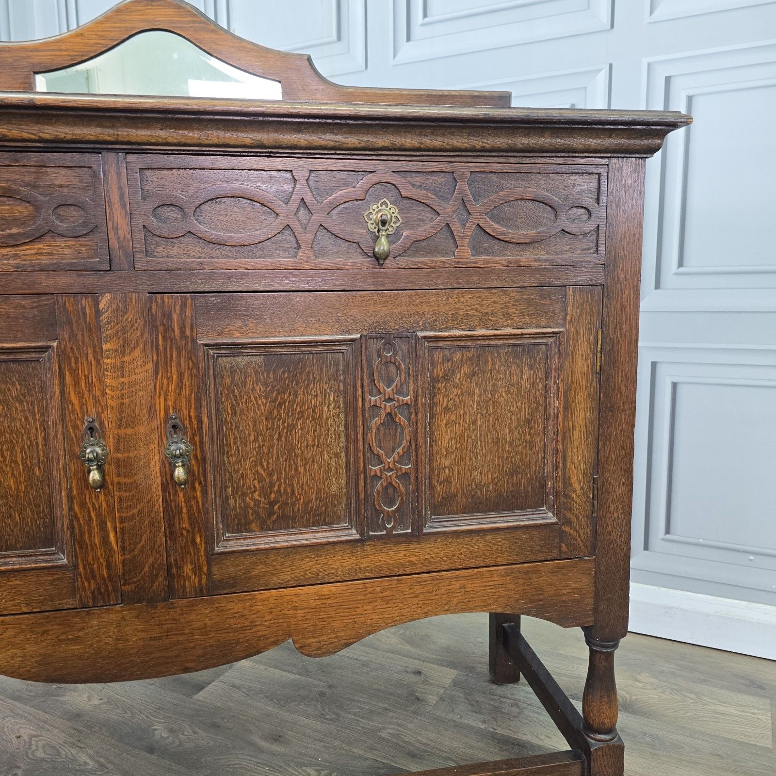 430.0 Antique Oak Sideboard Mirror Back Jacobean Revival Buffet Cabinet  Wood Cupboard photo