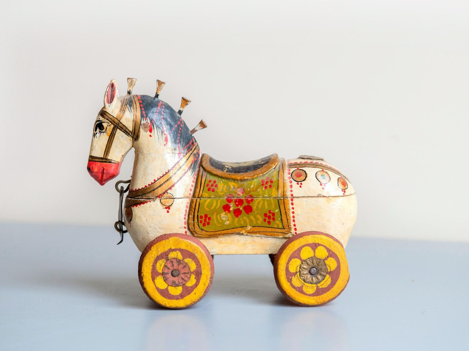 Antique Indian Wooden Horse Box On Wheels   Hand Painted Rajasthani Folk Art Trinket Box photo furniture