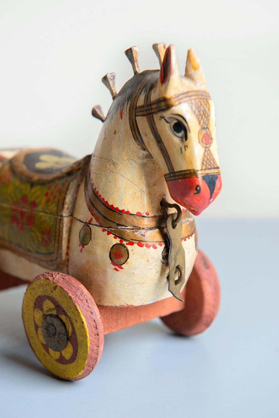 Antique Indian Wooden Horse Box On Wheels   Hand Painted Rajasthani Folk Art Trinket Box photo Home Decor
