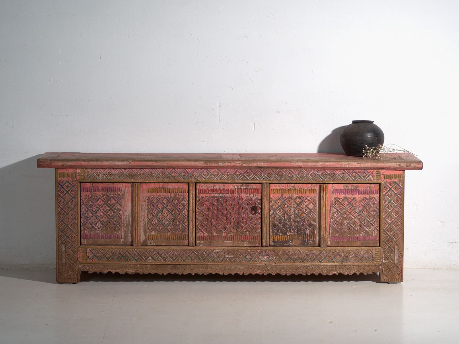 photo furniture Antique Low Carved Sideboard In Fir Wood – China, Circa 1930