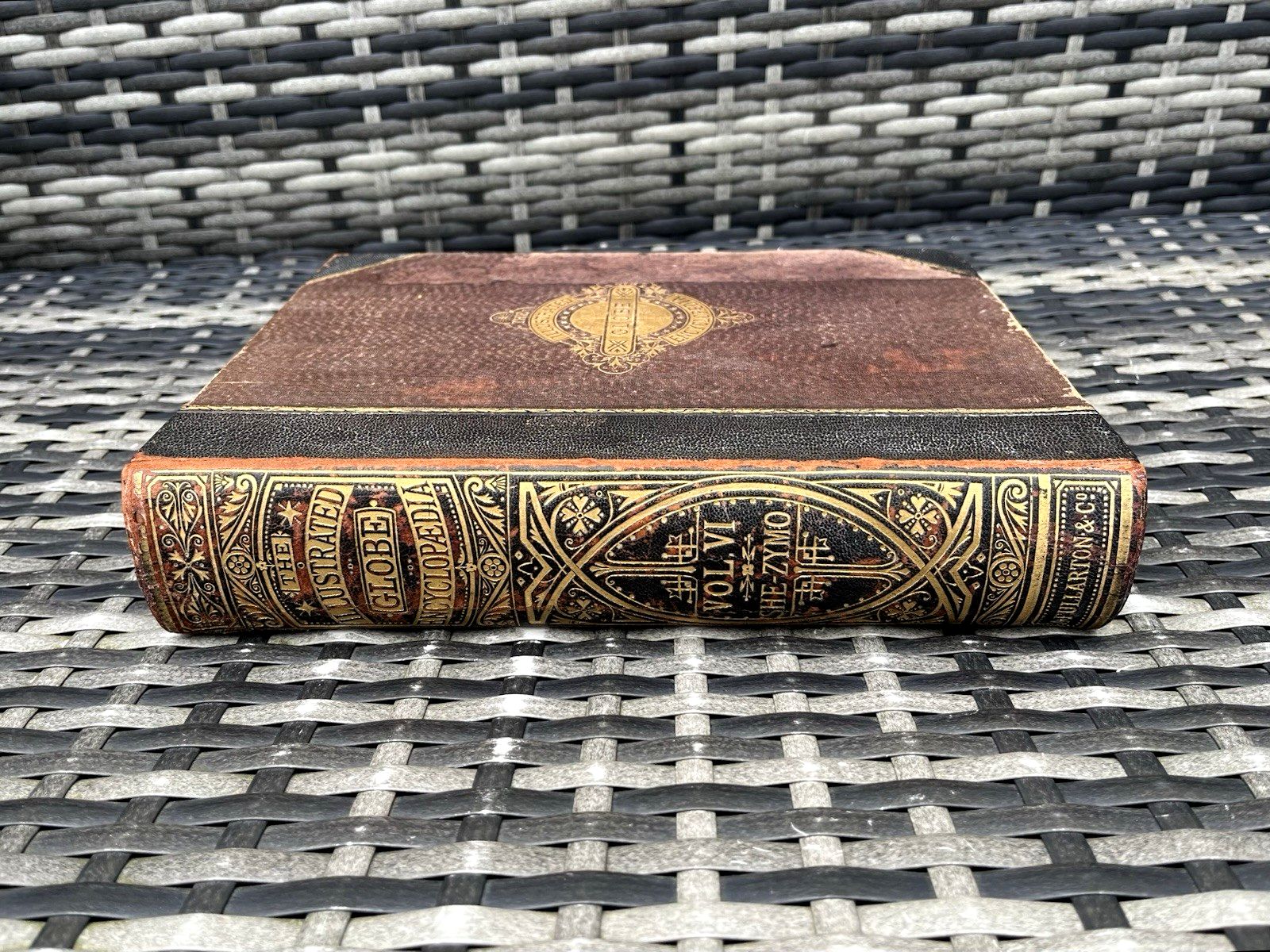 Antique Victorian Decorative Book 1881 Gilt Leather Globe Encyclopaedia Vol VI 6 photo for sale