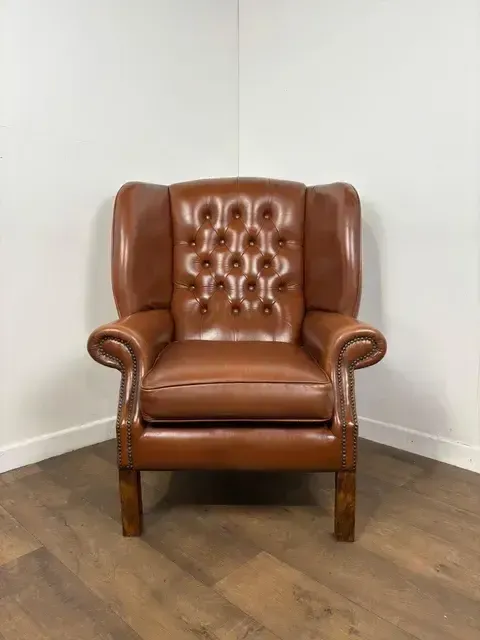 Tan Leather Chesterfield Style Wingback Armchair photo vinterior