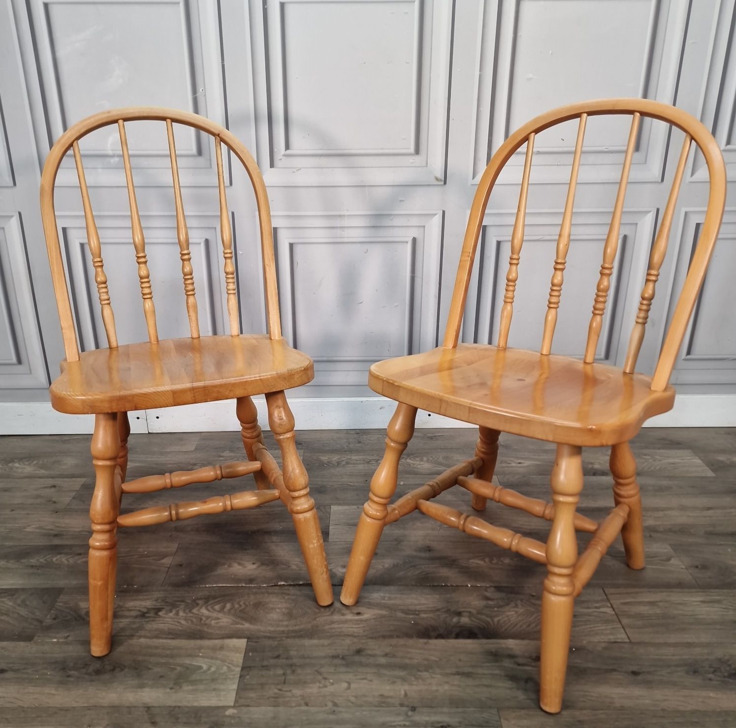 Pair Vintage Windsor Chairs Turned Beech Spindle Back Kitchen Dining Seat Retro
