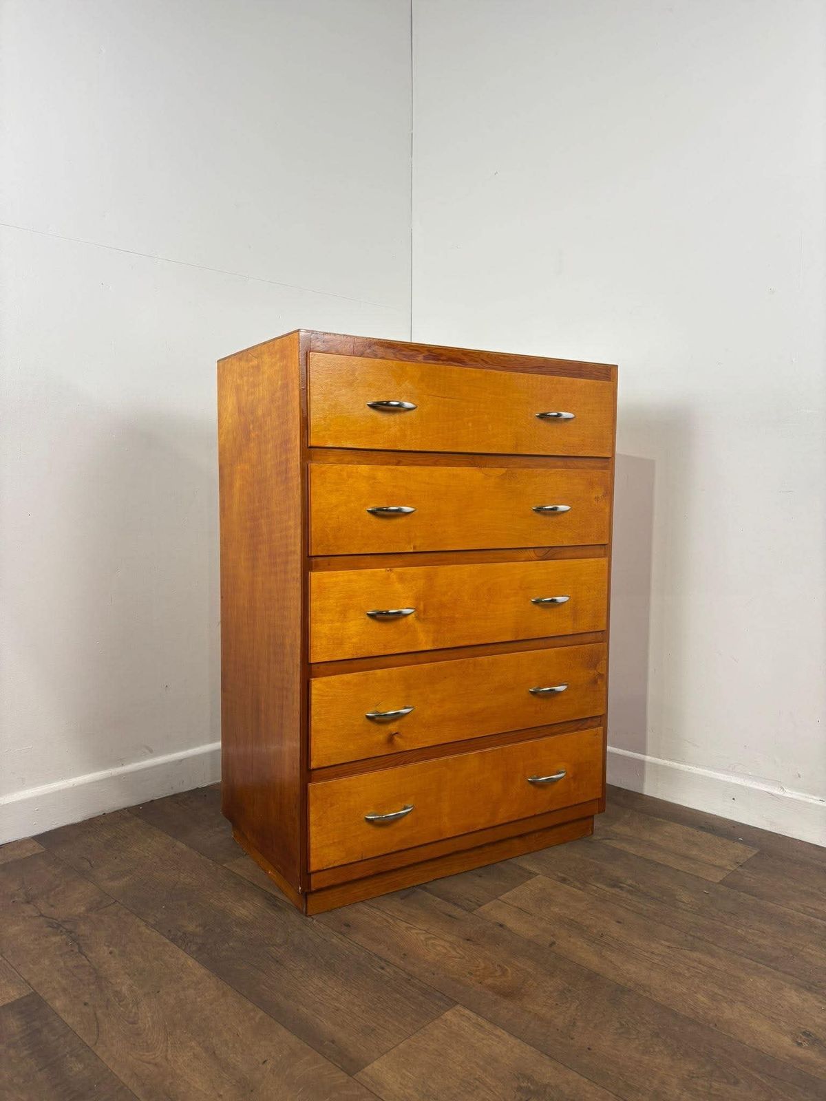 Mid Century Oak Veneer Five Drawer Bedroom Chest