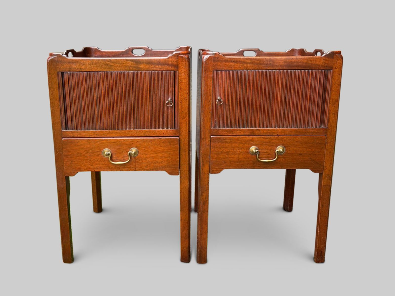 Pair Of Georgian Style Bedside Cabinets With Tambour Doors And Single Drawer