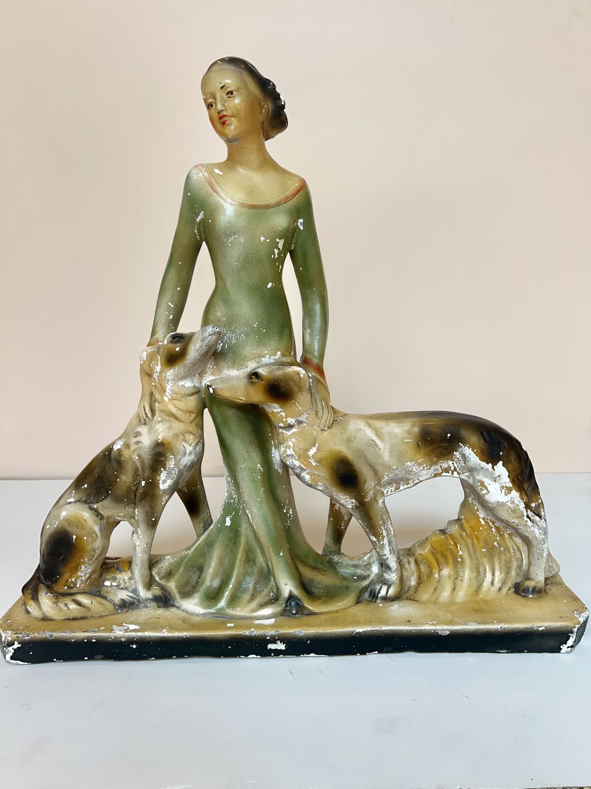 Very Large Art Deco Lady With Greyhounds Sculpture photo vinterior