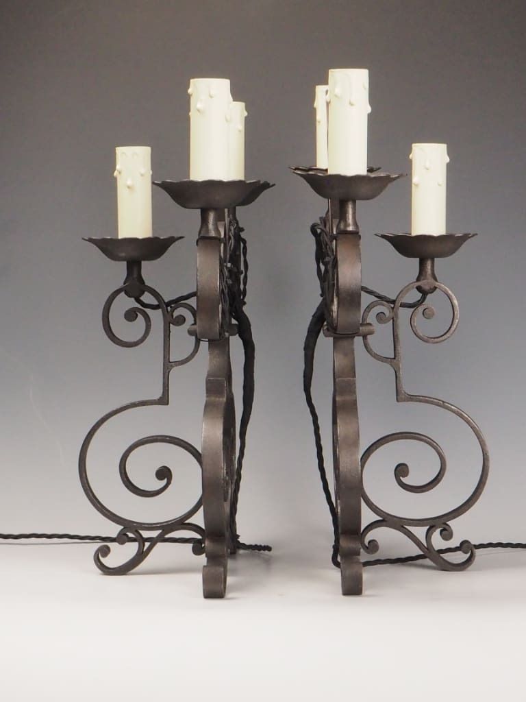 Pair Of Antique French Wrought Iron Mantel Or Sideboard Lamps – Triple Light Design photo furniture