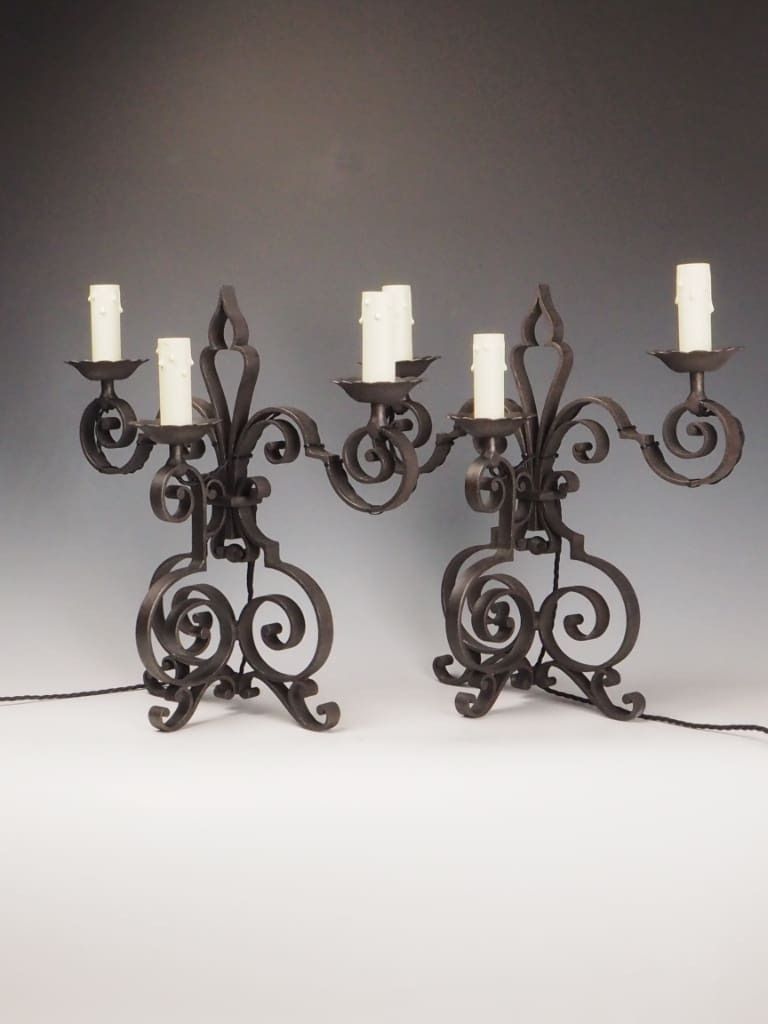 Pair Of Antique French Wrought Iron Mantel Or Sideboard Lamps – Triple Light Design photo for sale