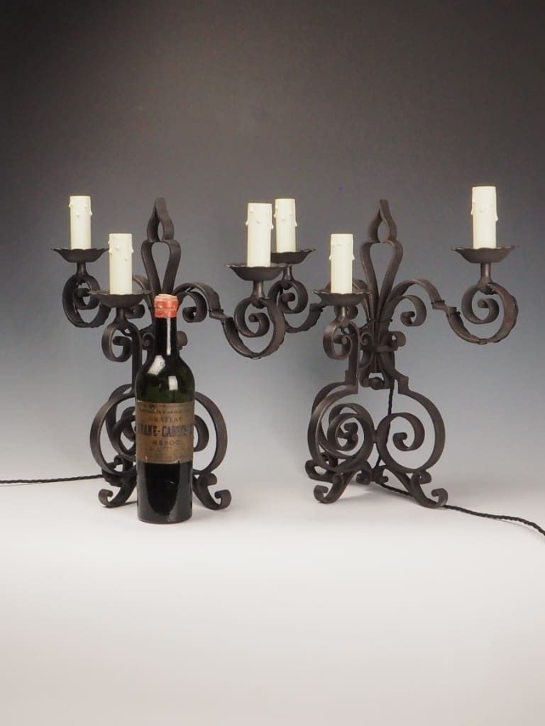 Pair Of Antique French Wrought Iron Mantel Or Sideboard Lamps – Triple Light Design photo Lighting