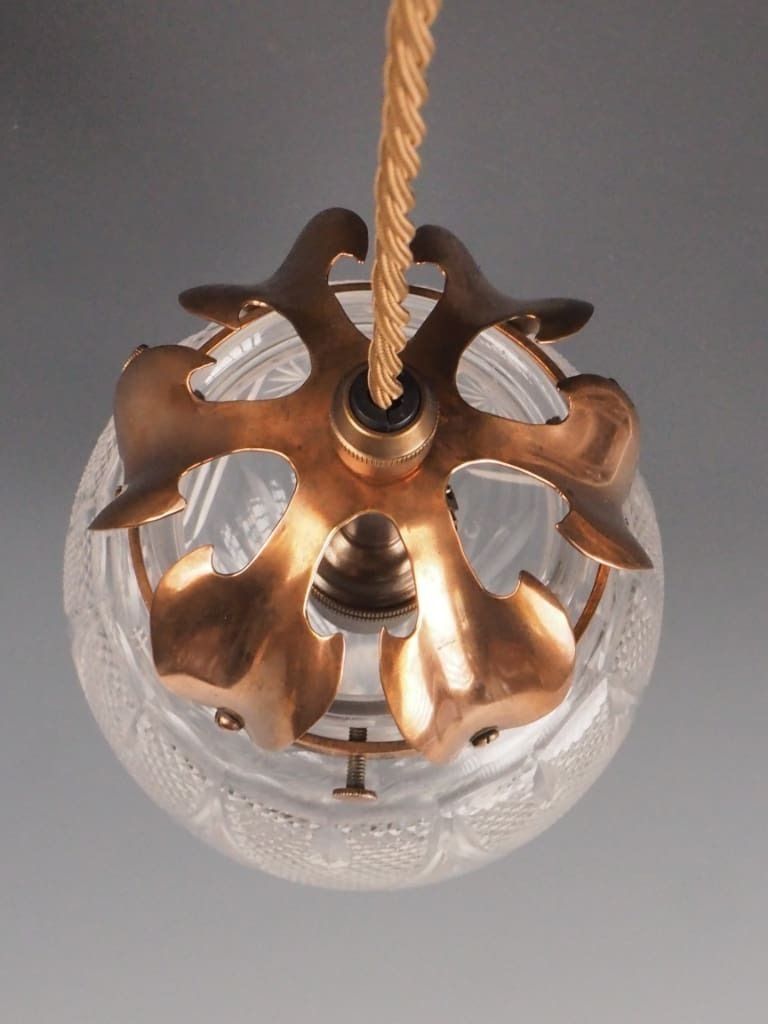 photo for sale Antique Pendant Light With Cut Glass Crystal Globe & Copper Leaf Gallery