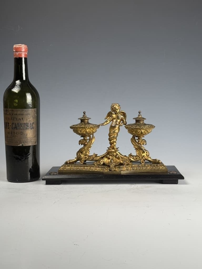 Antique Gilt Bronze & Ebony Inkstand – 19th Century Desk Accessory photo 395.0
