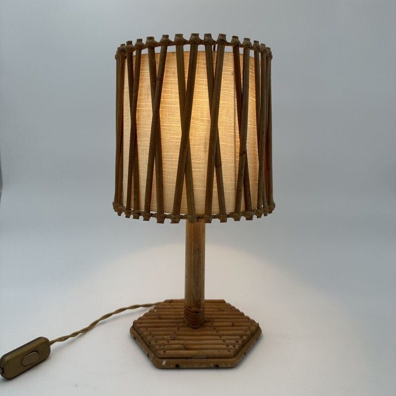 Rattan Table Lamp With Cross Shaped Shade, Attributed To Louis Sognot, 1950s.