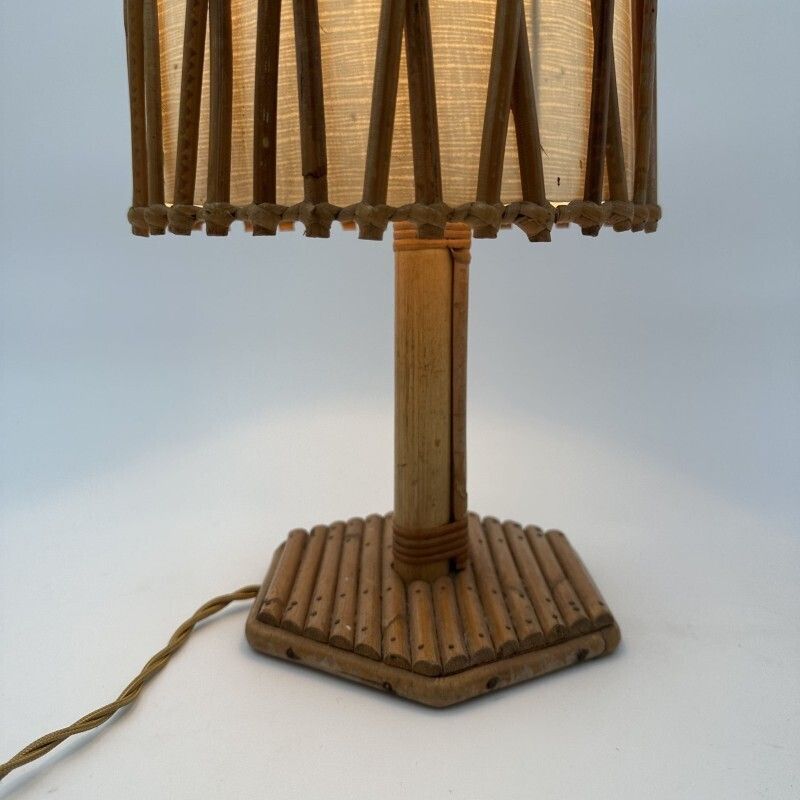 Rattan Table Lamp With Cross Shaped Shade, Attributed To Louis Sognot, 1950s. photo vintage