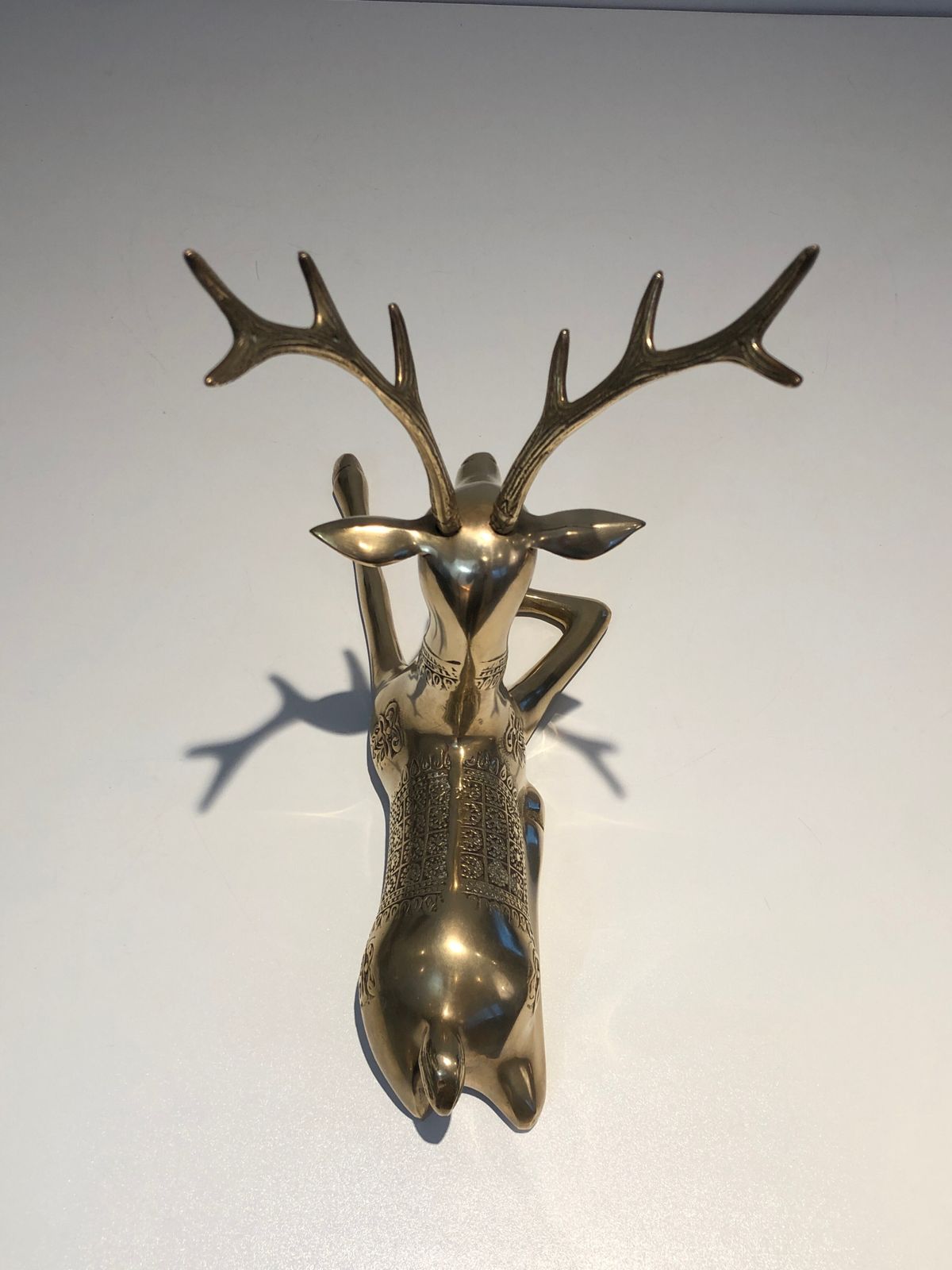 1950.0 Pair Of Bronze Reclining Deer Engraved With Shamanic Motifs. French Work. Circa 1970 photo