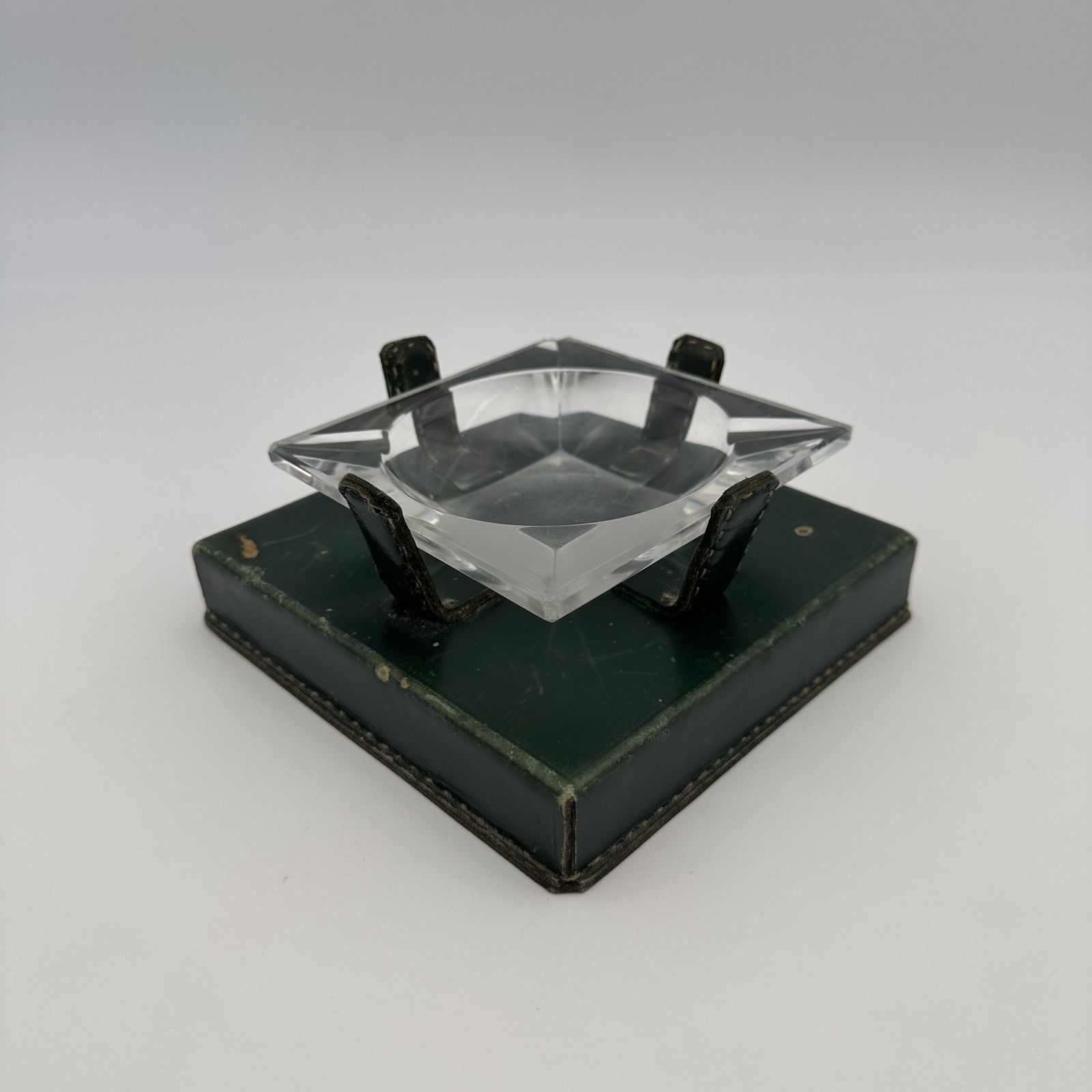 Green Leather And Crystal Ashtray In The Style Of Jacques Adnet, 1950s.