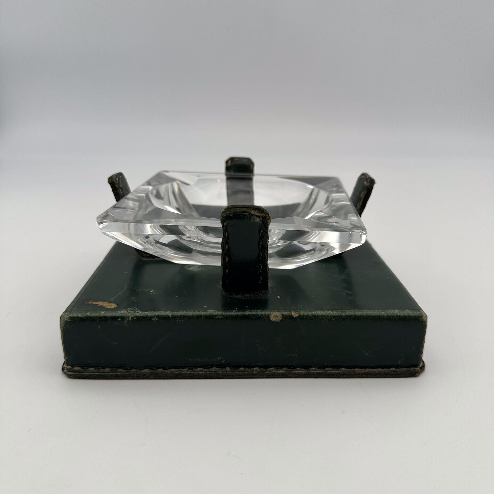 Green Leather And Crystal Ashtray In The Style Of Jacques Adnet, 1950s. photo for sale