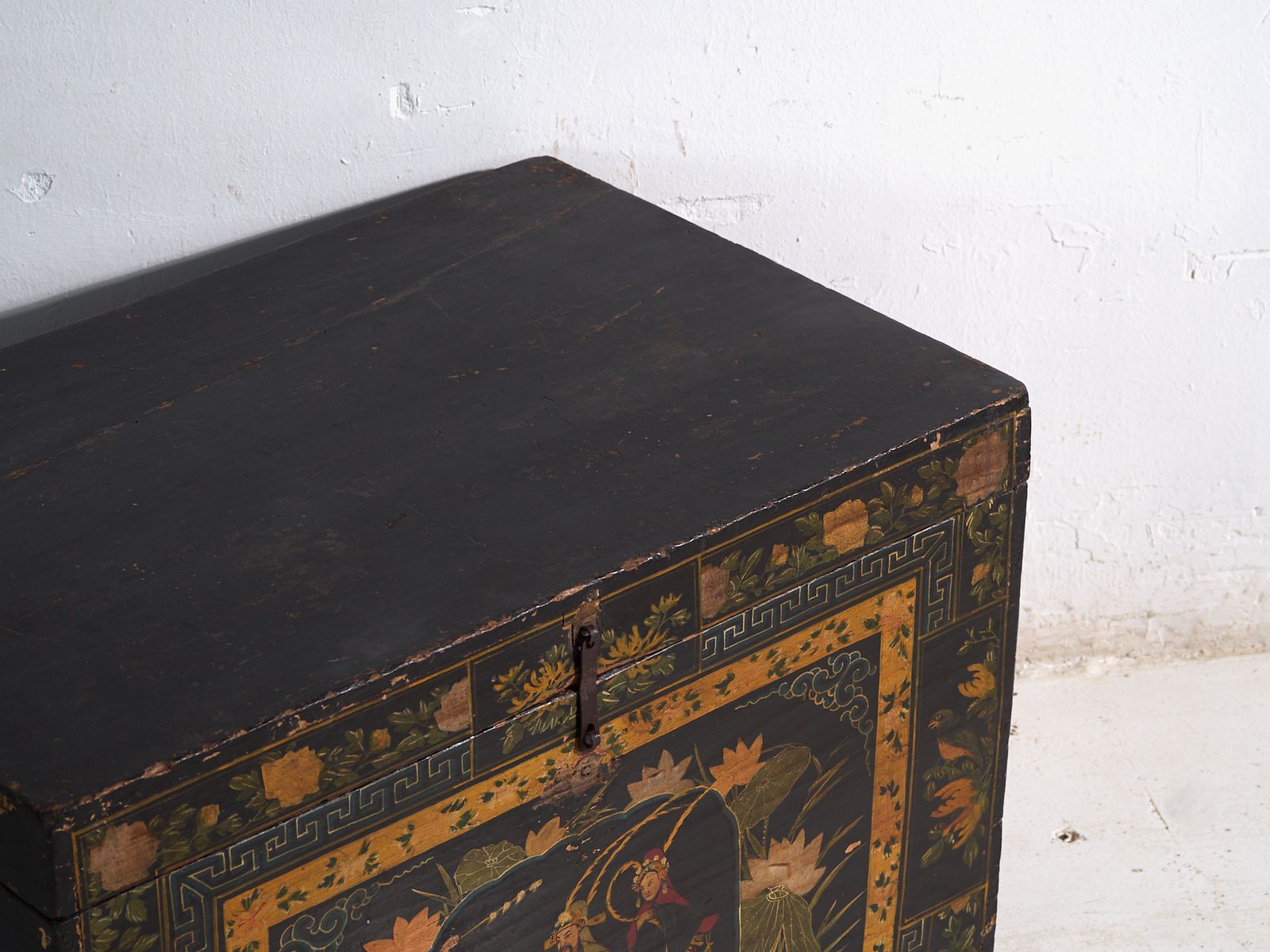 Antique Black Lacquered Trunk In Pine Wood – China, Circa 1900 photo for sale