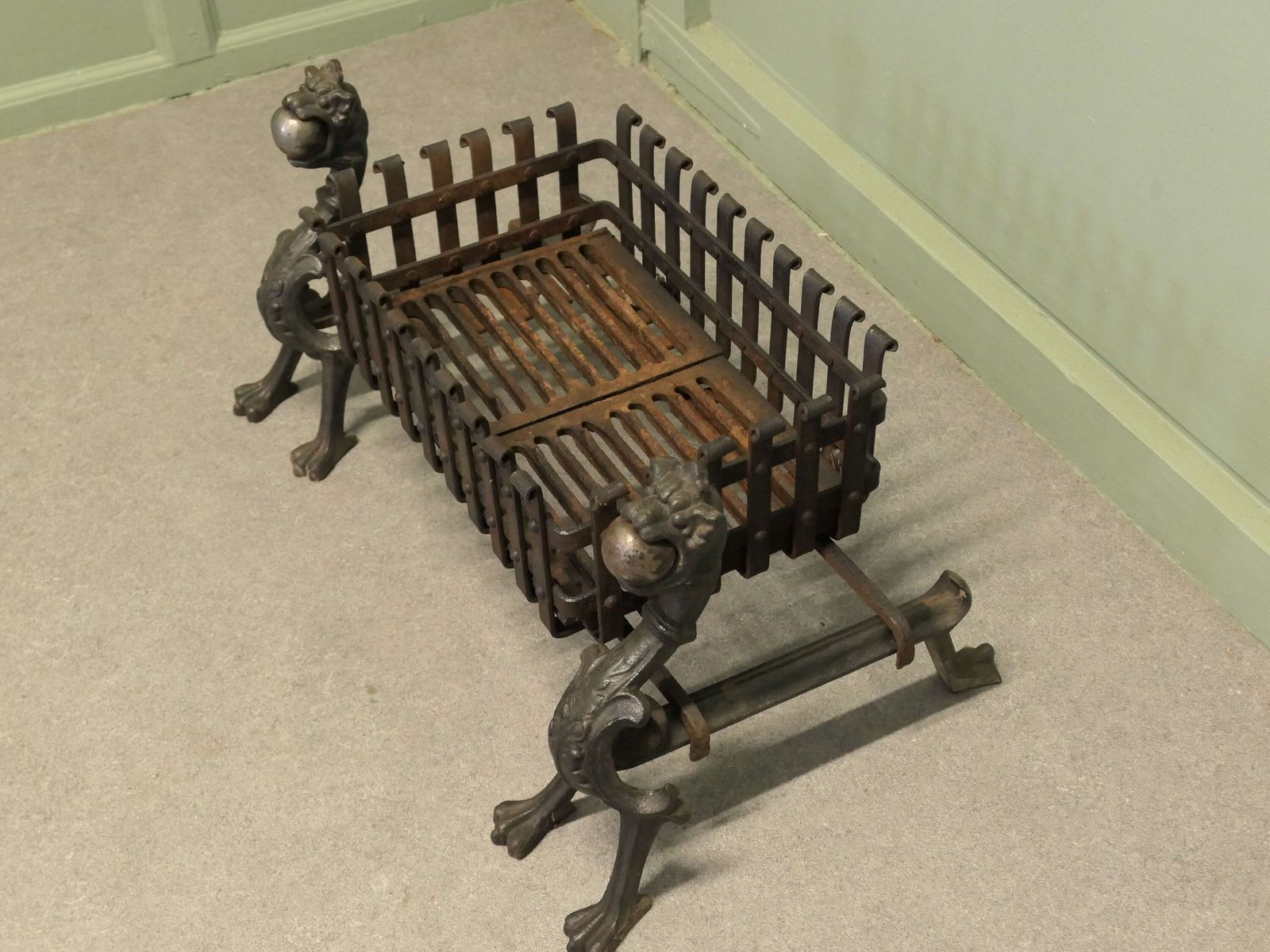 Gothic Inglenook Grate Set On Dragon Andirons These Are Heavy Iron Andirons photo vinterior