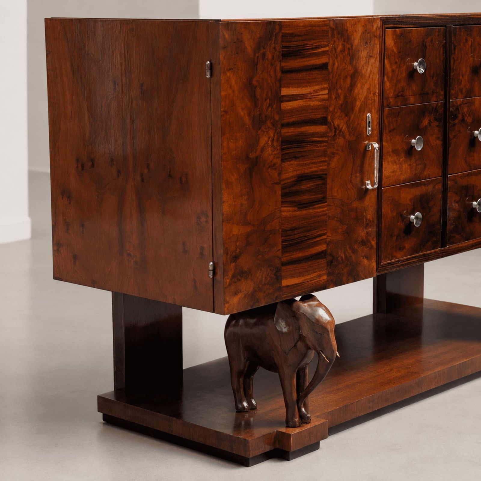 Sicilian Art Deco Sideboard Drawers Wood With Hand Carved Elephants, 1930s photo vintage