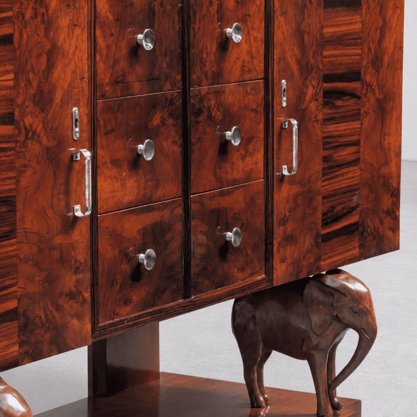 Furniture Sicilian Art Deco Sideboard Drawers Wood With Hand Carved Elephants, 1930s photo