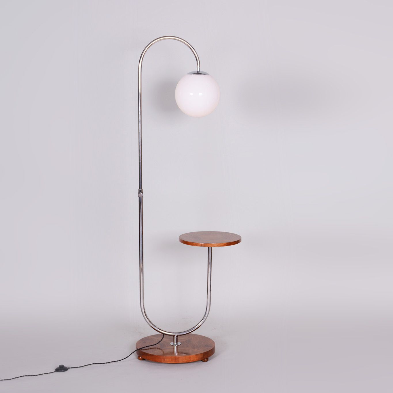 Restored Bauhaus Floor Lamp, By R. Slezak, Walnut, Chrome, Glass, Czech, 1930s photo furniture