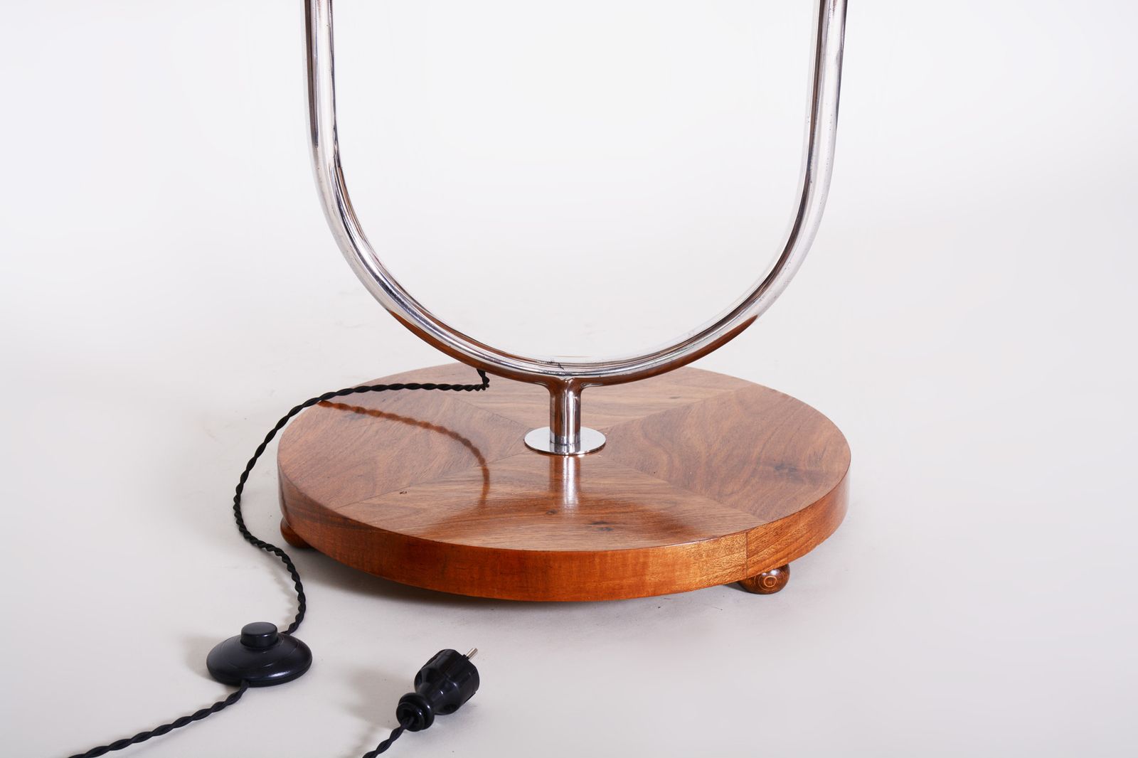 Lighting Restored Bauhaus Floor Lamp, By R. Slezak, Walnut, Chrome, Glass, Czech, 1930s photo