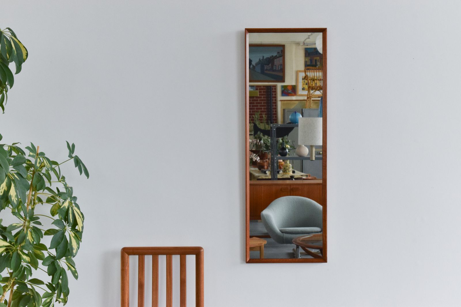 Vintage Long Thin Teak Framed Wall Mirror photo buy