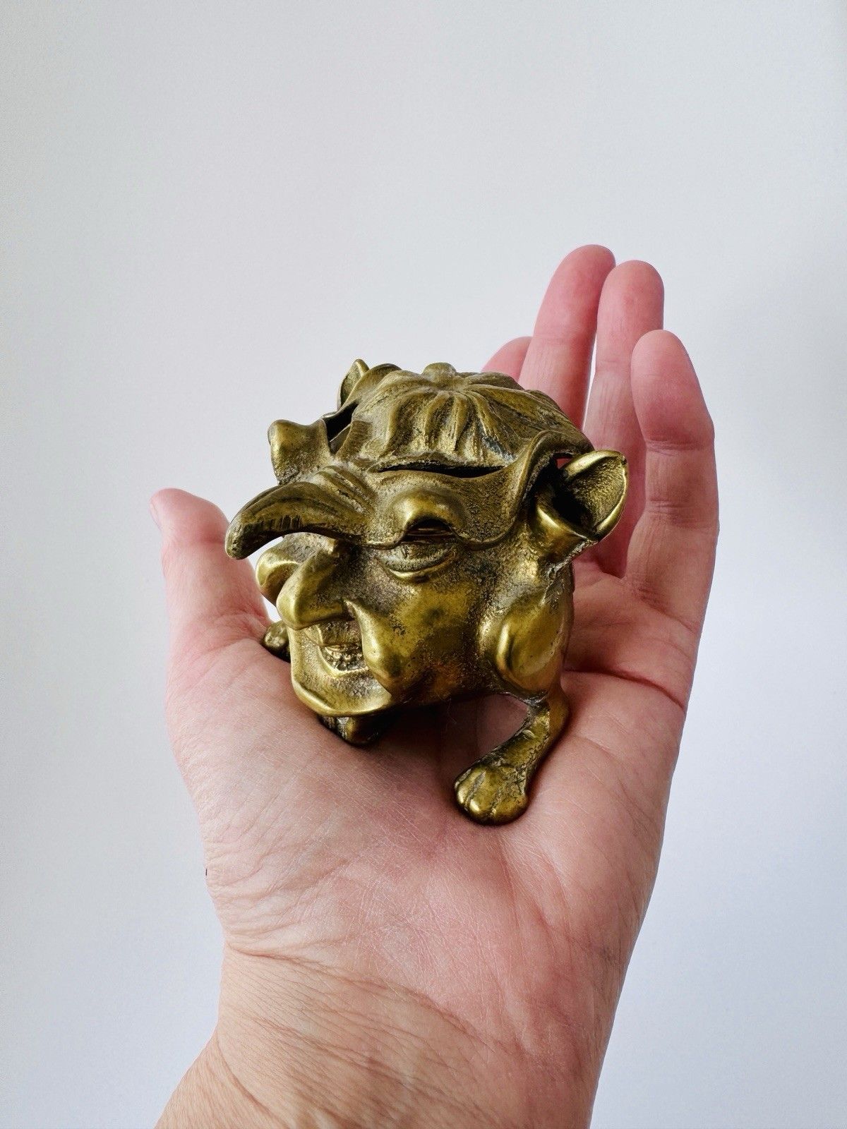 Antique Inkwell 1880 1900 Brass Grotesque Devil Imp Ink Dip Stand Gothic