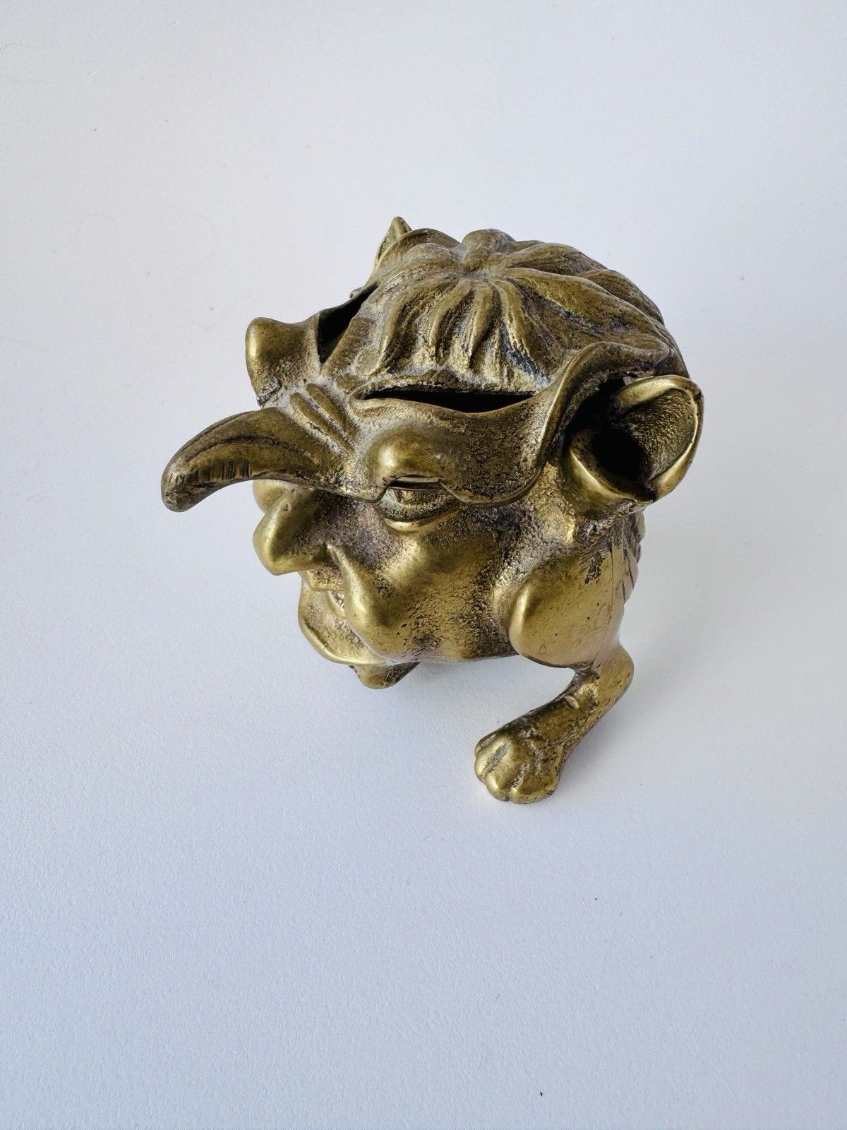 90.0 Antique Inkwell 1880 1900 Brass Grotesque Devil Imp Ink Dip Stand Gothic photo