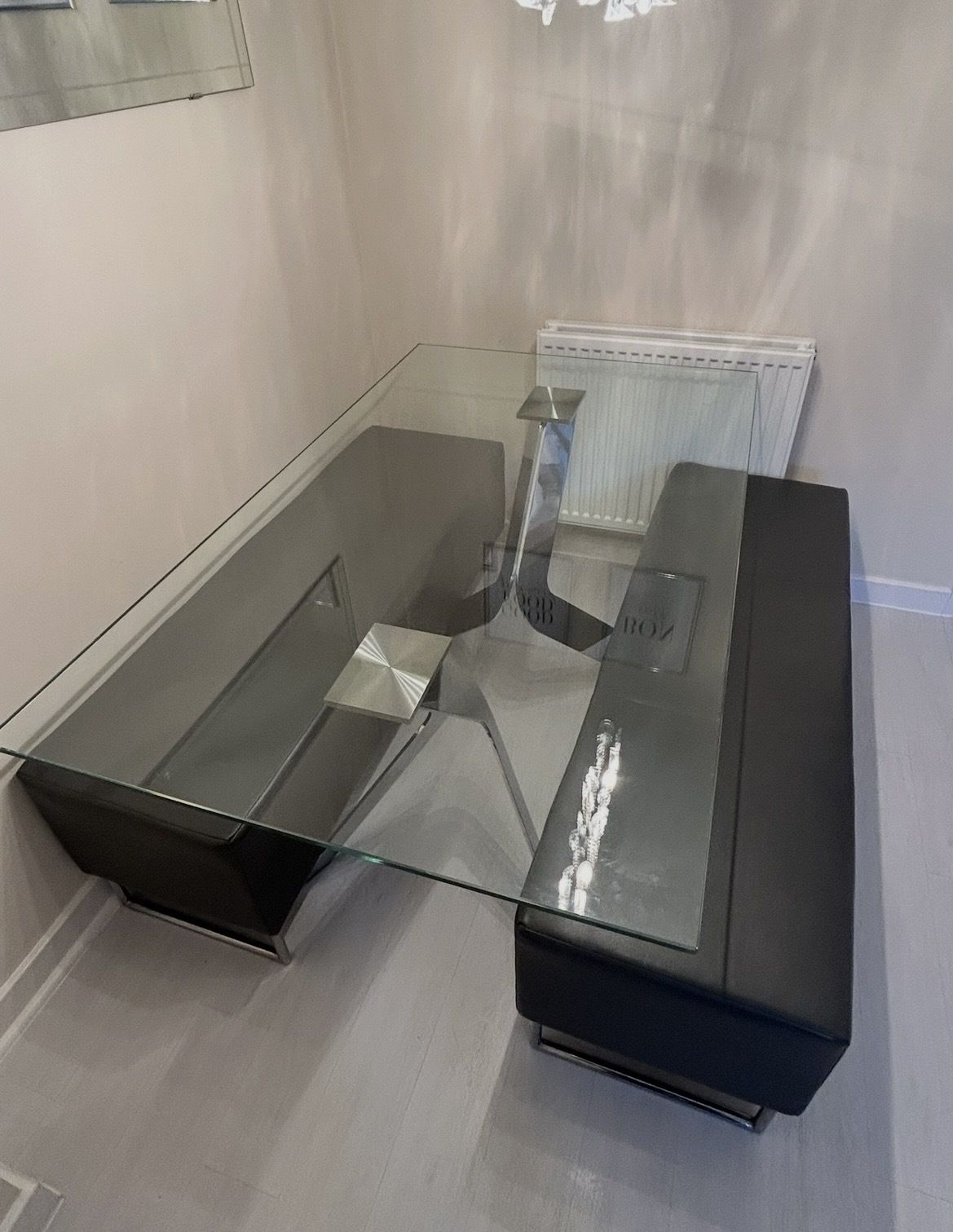 Werkstadt Glass Dining Table & Matching Benches – Chrome Sculptural Base – 150cm photo 300.0