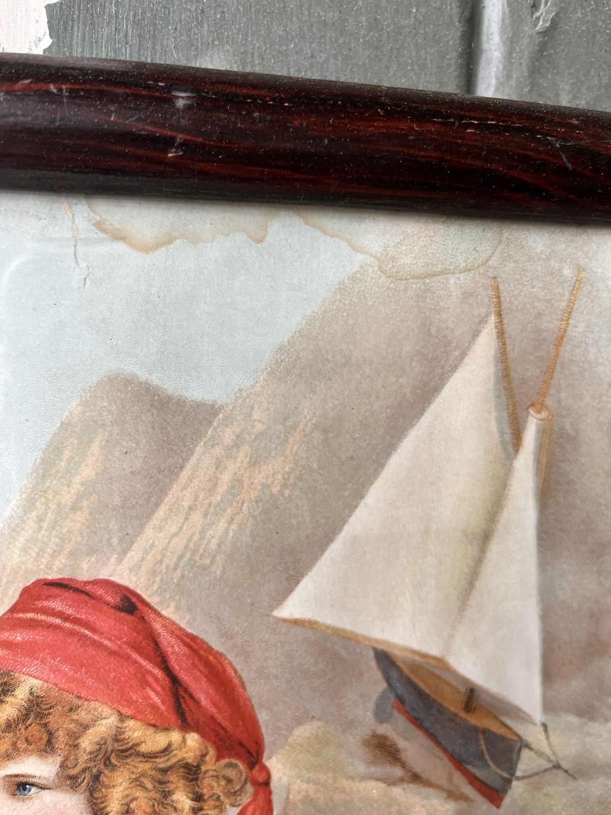 photo for sale 1920’s Print Of Girl On A Beach With Pond Yacht. Faux Rosewood Frame