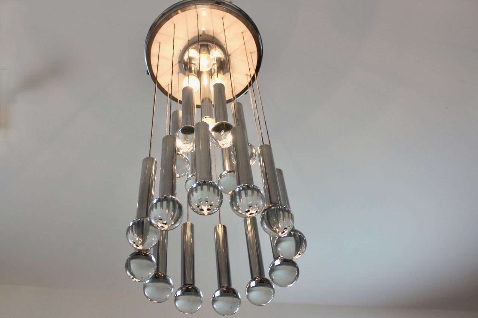 photo for sale Gaetano Sciolari Italian Space Age Chrome And Glass Sphere Chandelier