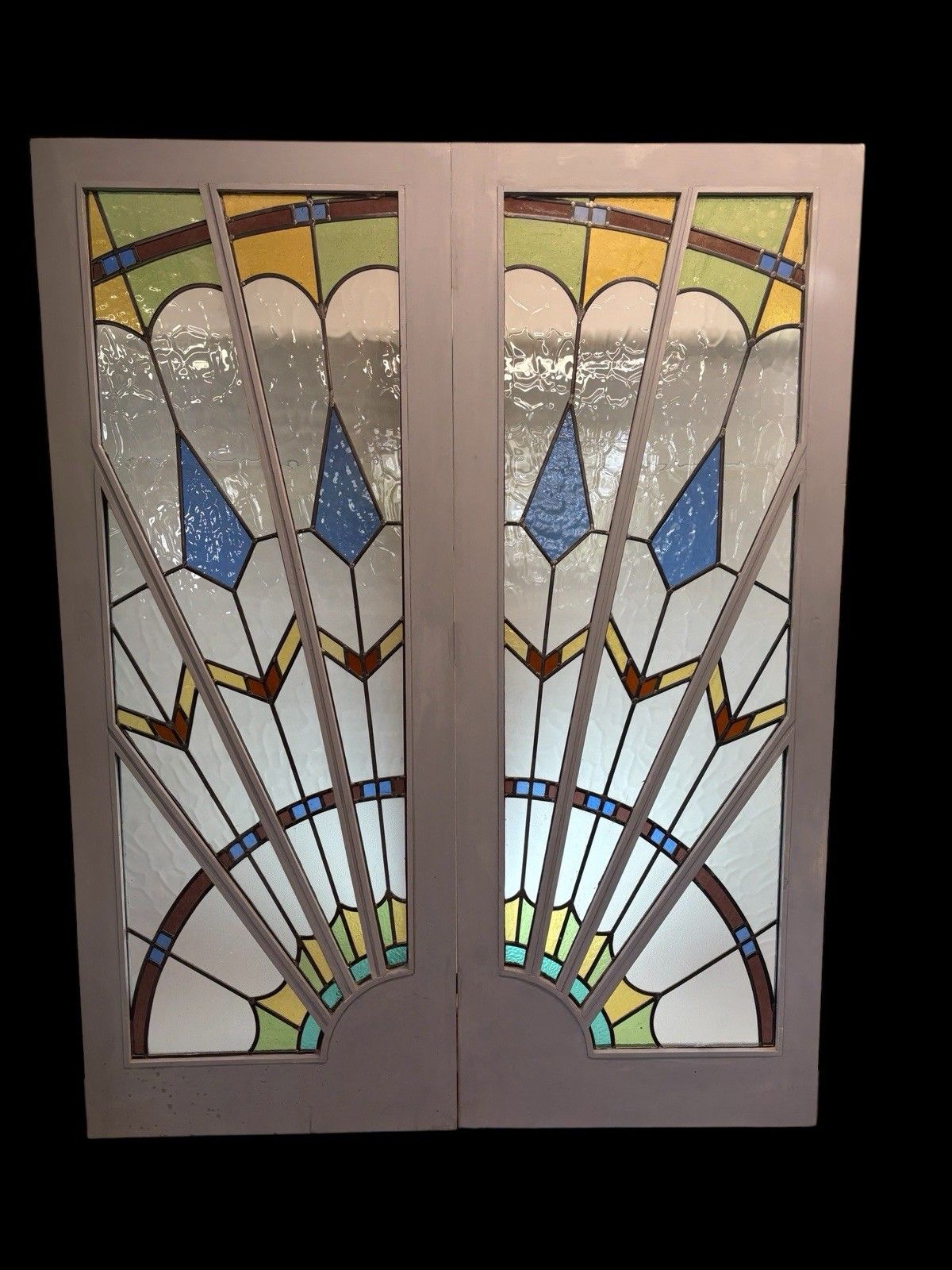 Art Deco Stained Glass French Doors Period Reclaimed Antique Double Leaded Pair
