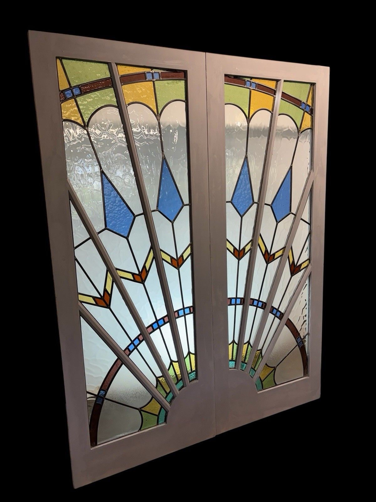 Art Deco Stained Glass French Doors Period Reclaimed Antique Double Leaded Pair photo for sale