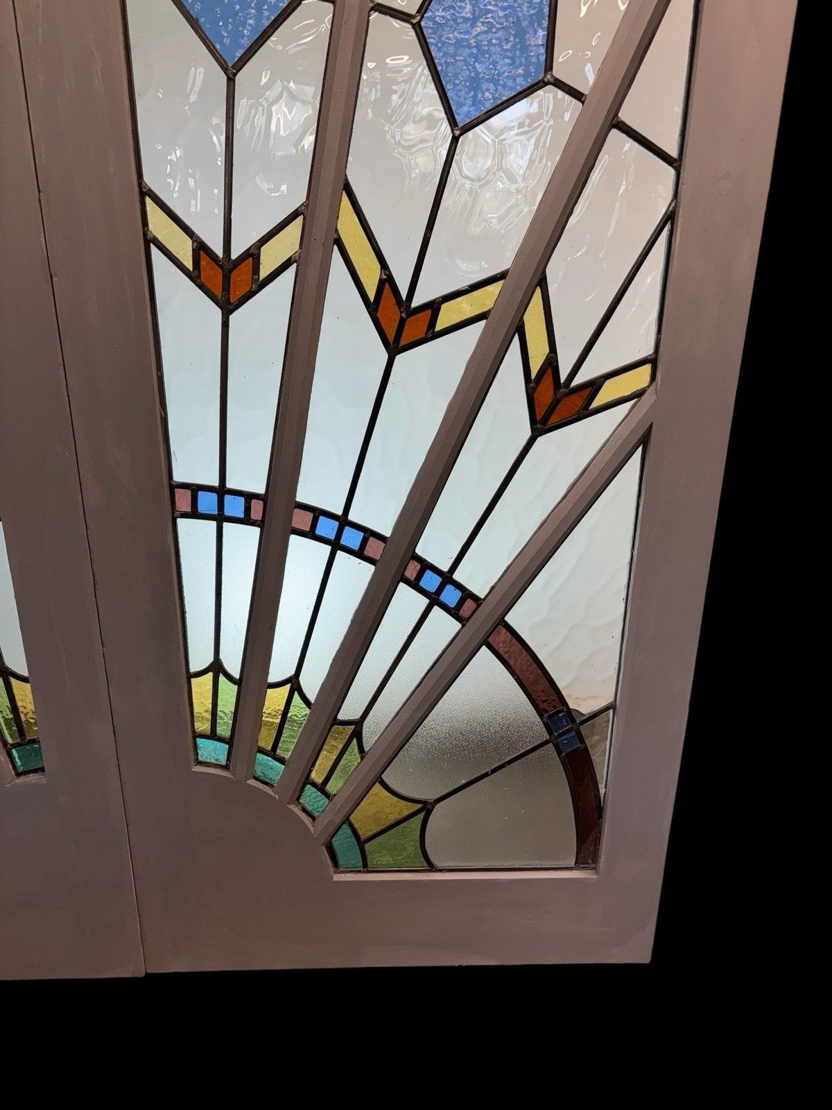 Art Deco Stained Glass French Doors Period Reclaimed Antique Double Leaded Pair photo vinterior