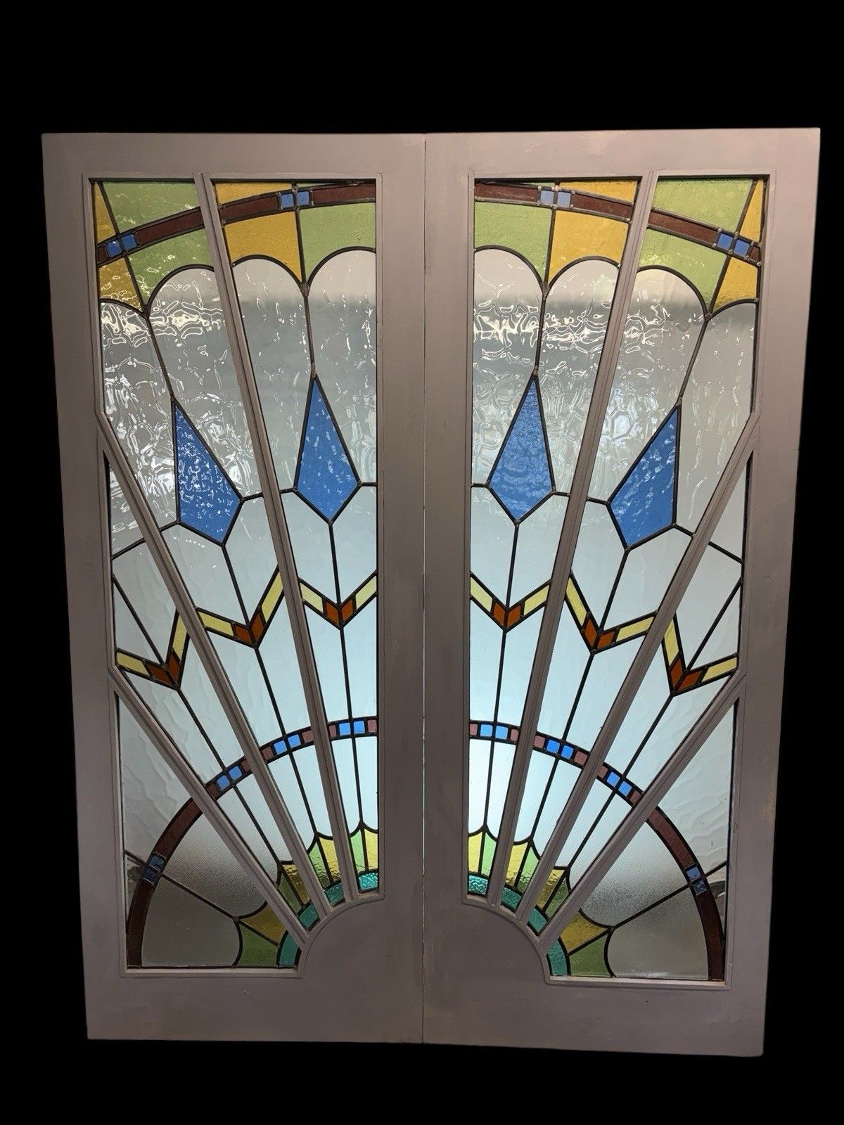 photo for sale Art Deco Stained Glass French Doors Period Reclaimed Antique Double Leaded Pair