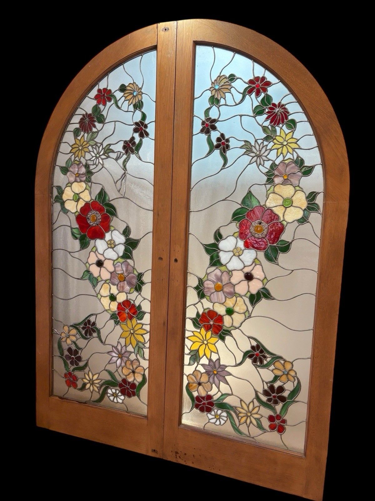 Rare Antique Tiffany Stained Glass French Doors Period Reclaimed Opd Refurb Teak photo for sale