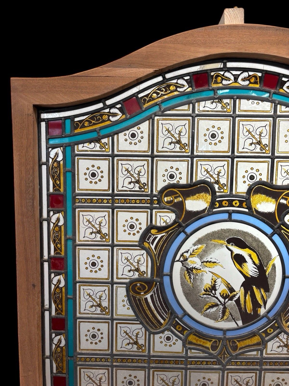 Antique Kiln Fired Stained Glass Window Panel Period Reclaimed Rare Teak Wood photo Art