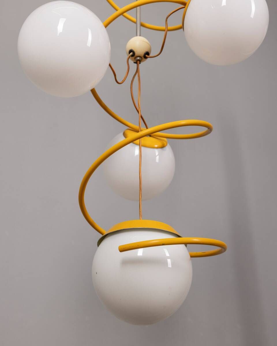Vintage 1970s Chandelier In Yellow Metal And Glass, Italian Space Age Design photo for sale