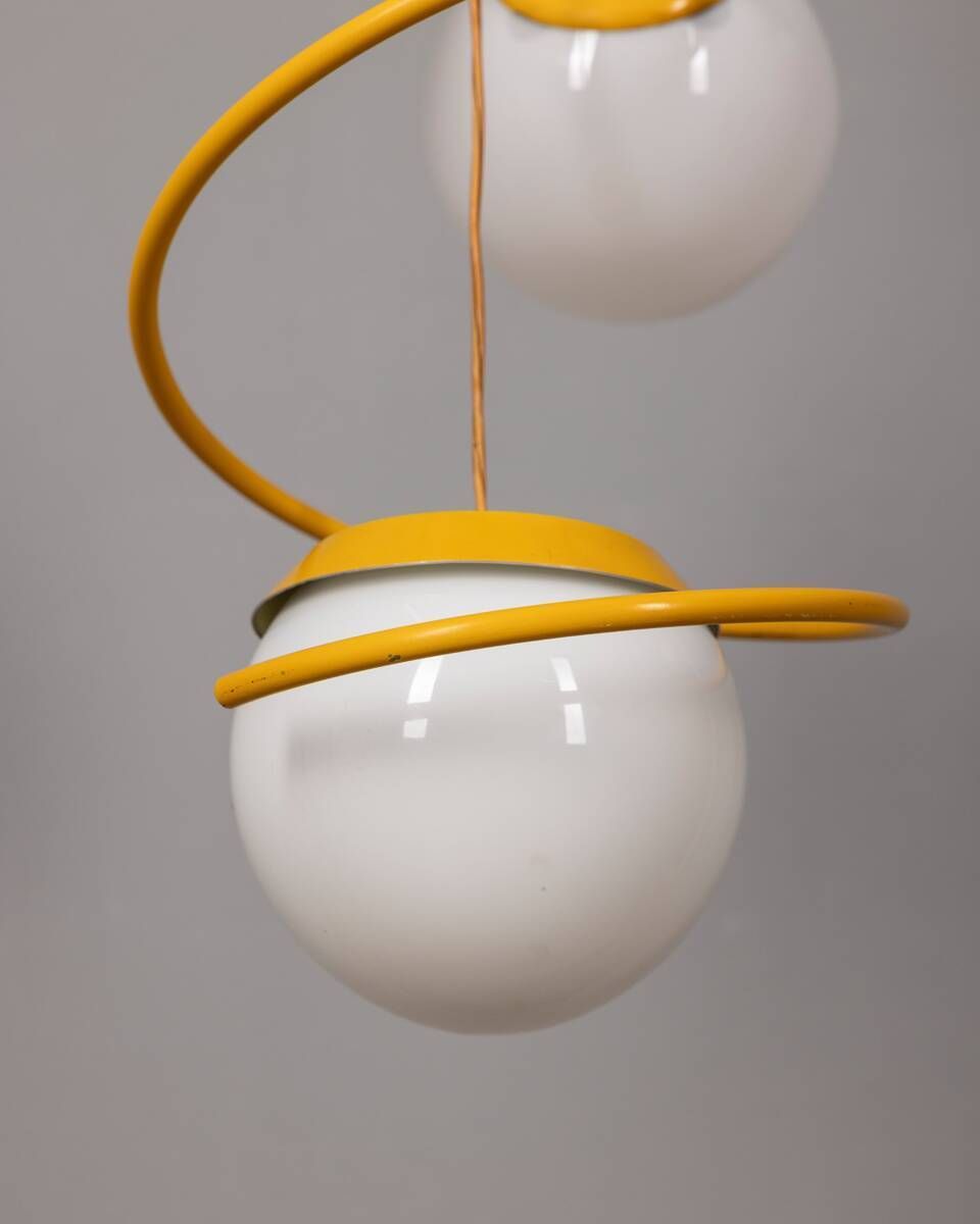 Vintage 1970s Chandelier In Yellow Metal And Glass, Italian Space Age Design photo Lighting