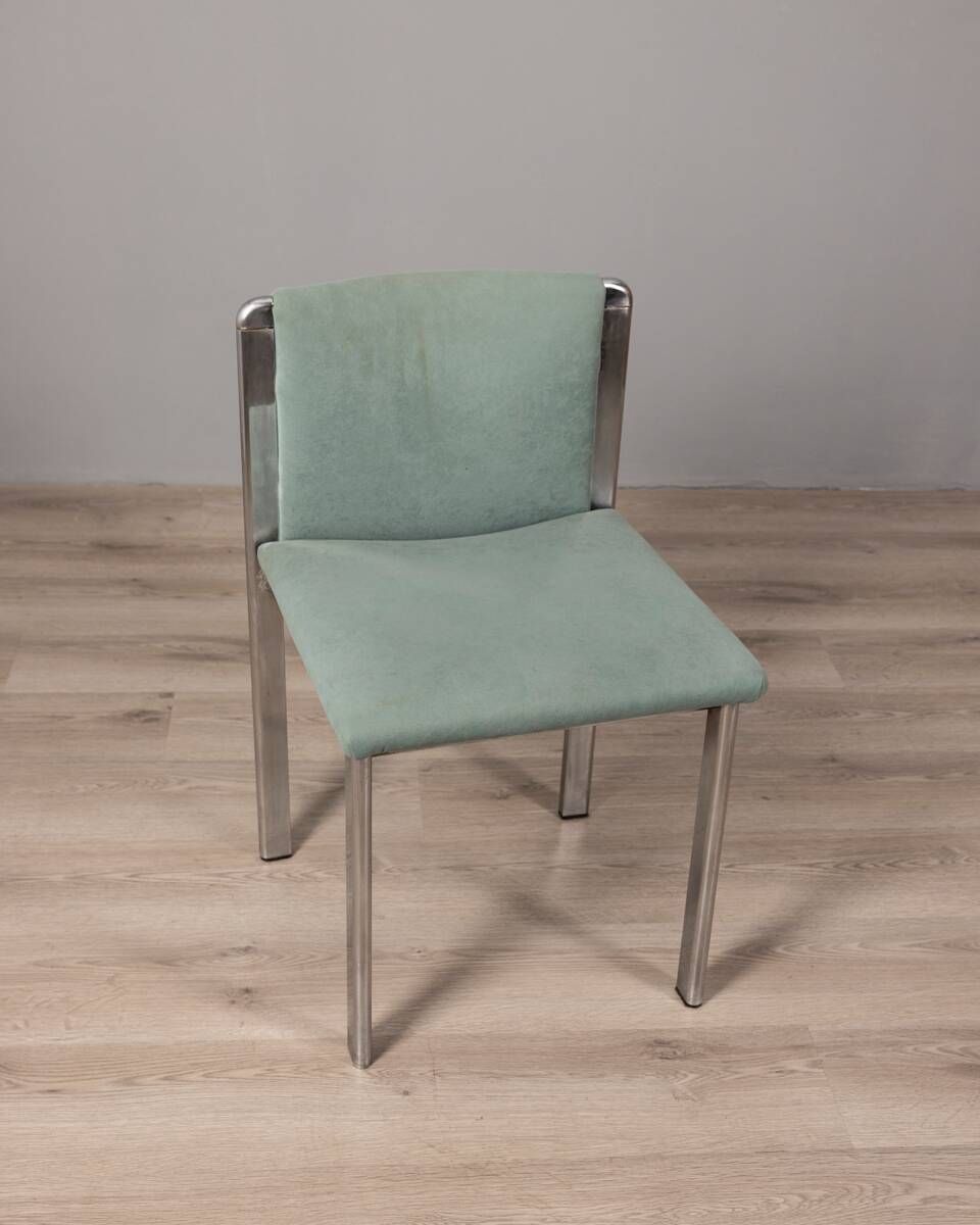 Set Of 4 Vintage 70s Chairs In Metal And Turquoise Fabric, Italian Design photo buy