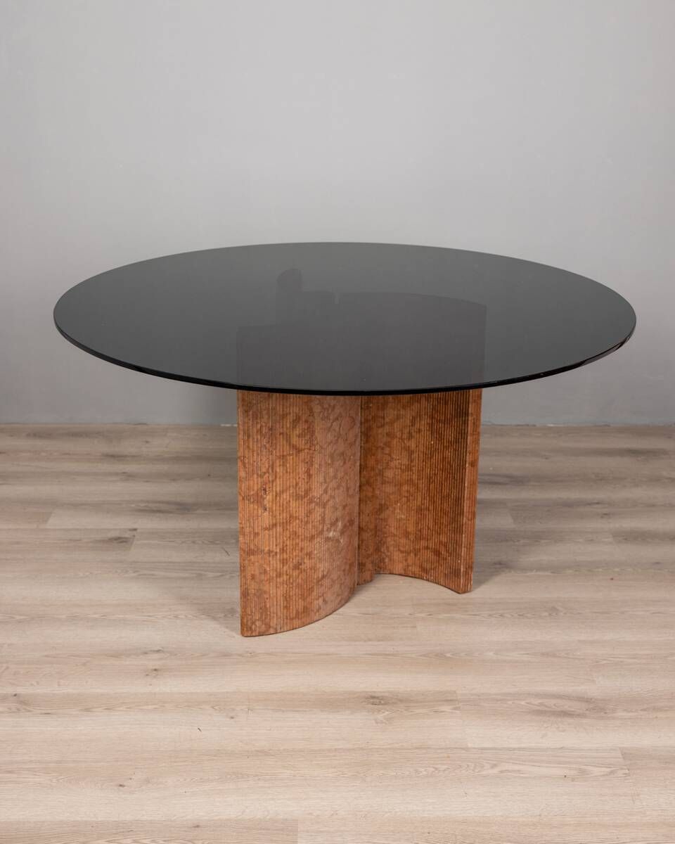 Vintage 1970s Round Table In Travertine And Glass, Italian Design photo vintage