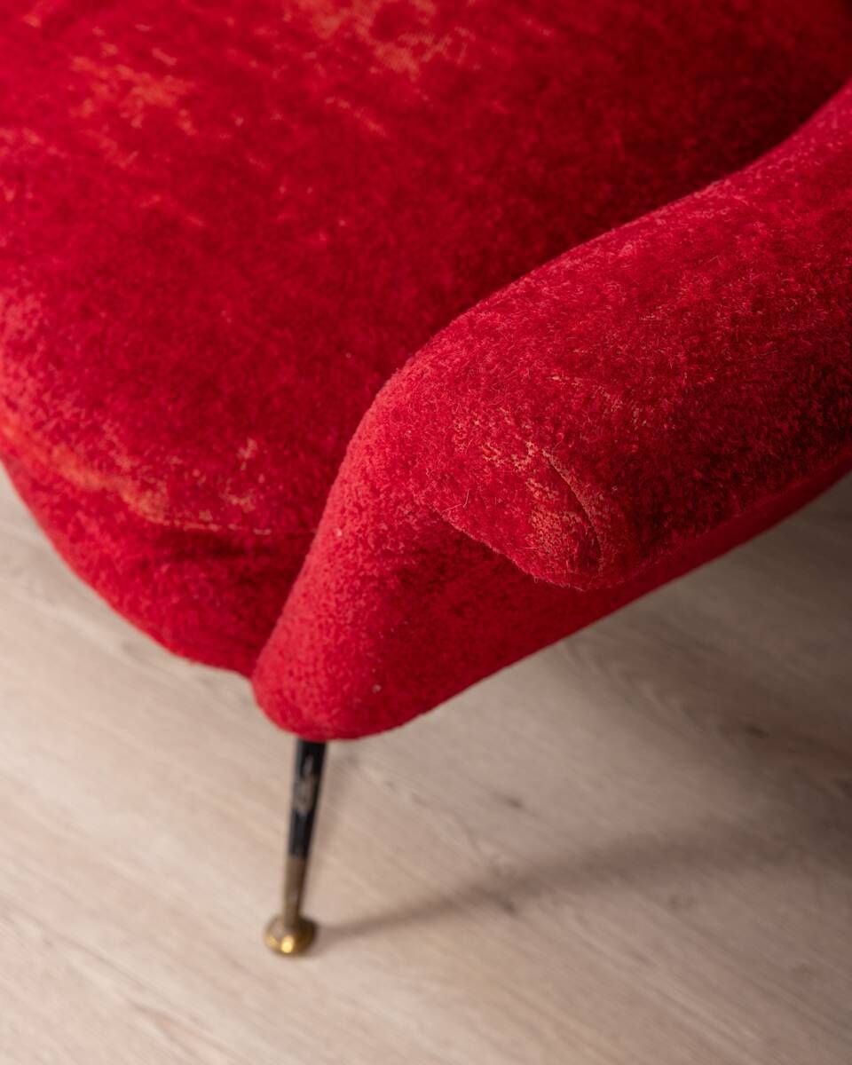 Large 1950s Vintage Curved Sofa In Red Velvet Italian Design photo for sale