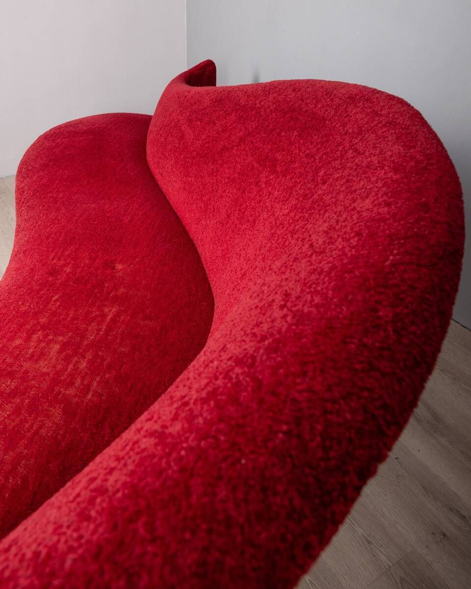 photo for sale Large 1950s Vintage Curved Sofa In Red Velvet Italian Design