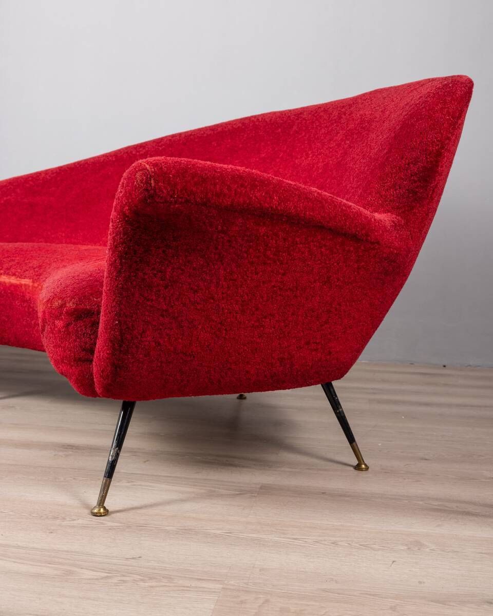 photo buy Large 1950s Vintage Curved Sofa In Red Velvet Italian Design
